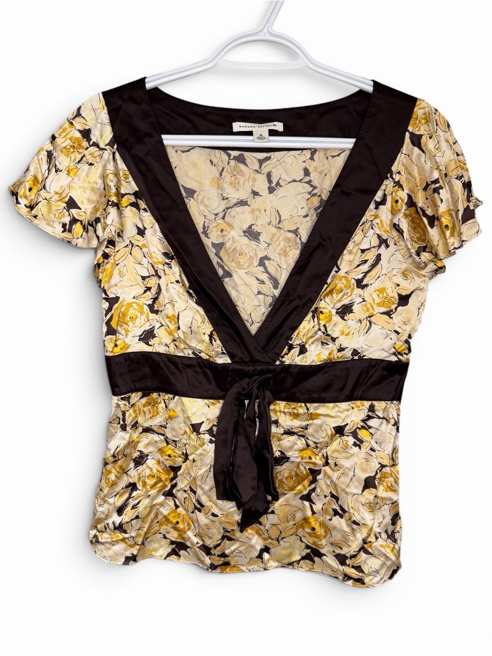 Banana Republic Y2K 100% Silk Yellow Floral Blouse Side Zip Top Women’s Medium